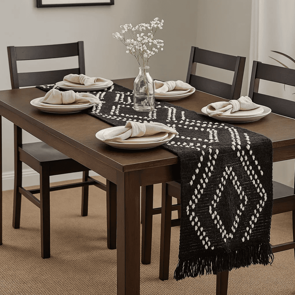 Monochrome table runner styled on a dining table