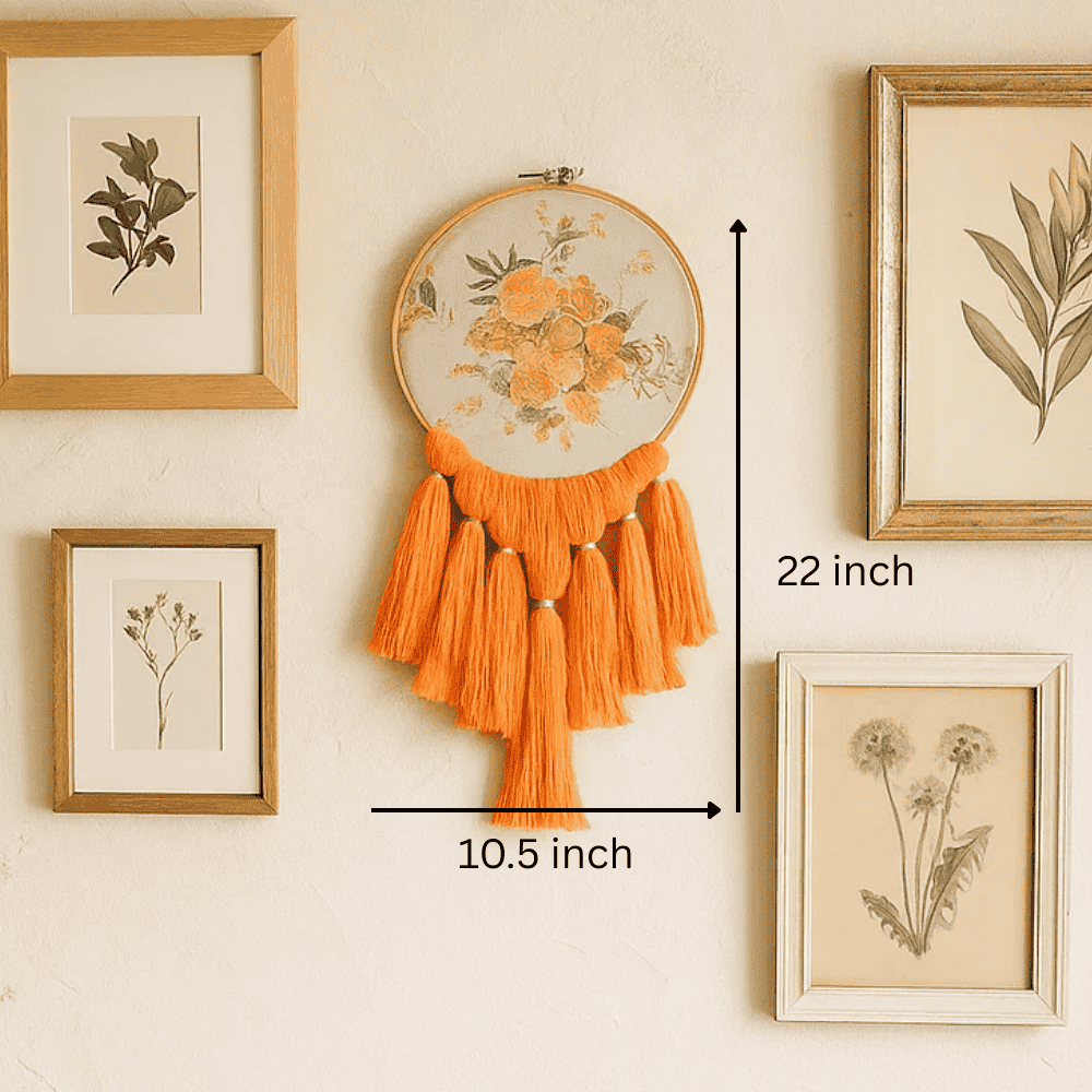 Rose embroidery wall hanging on a soft pale wall