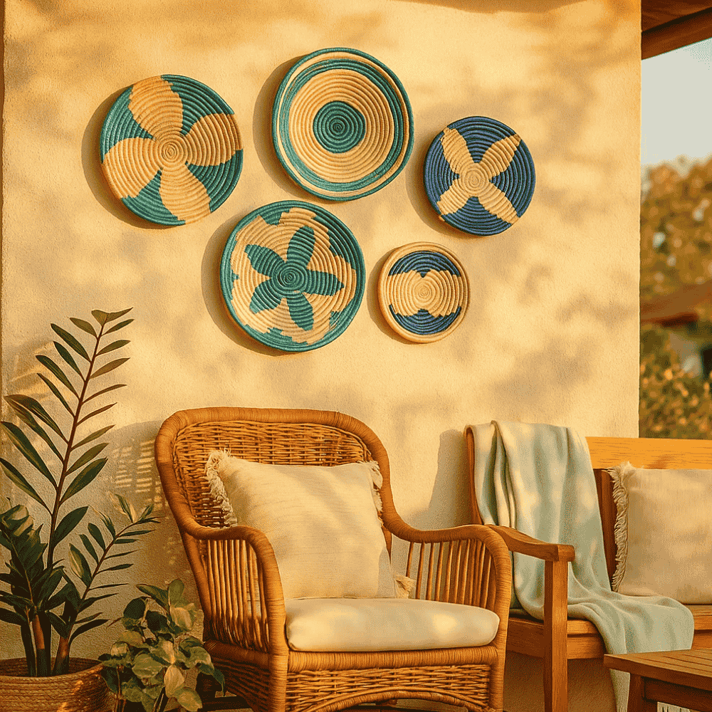 Teal sabai grass wall plates styled as a cluster wall