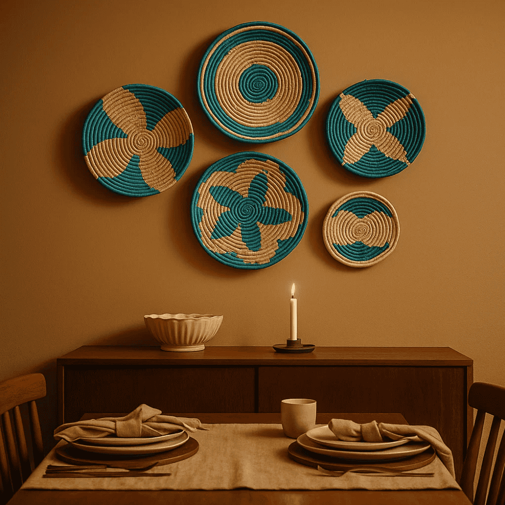 Teal sabai grass wall plates shown at an angle