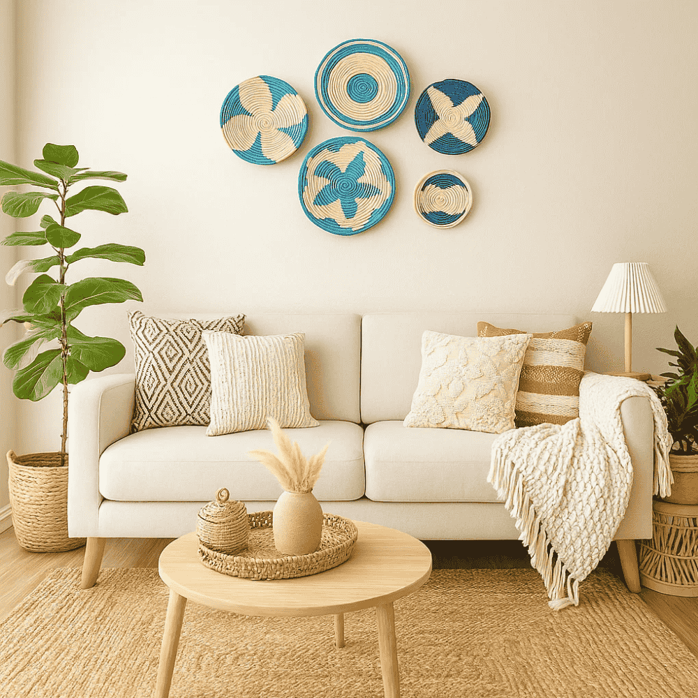 Teal sabai grass wall plates in a coastal styled room
