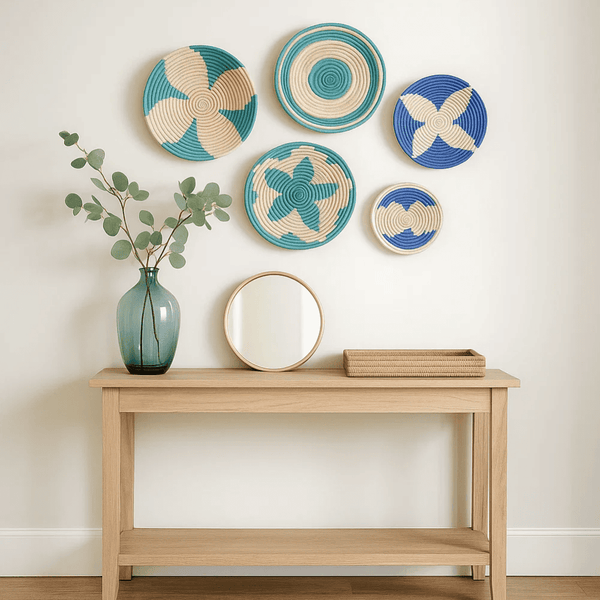 Teal Sabai Grass Wall Plates | Handwoven Set of 5 Boho Decor