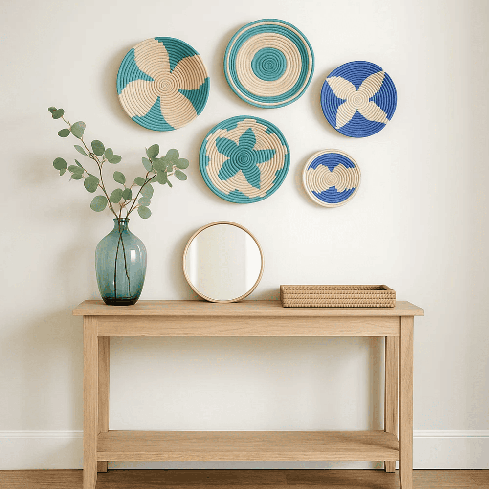 Teal sabai grass wall plates set of 5 hand-woven by Gleemium