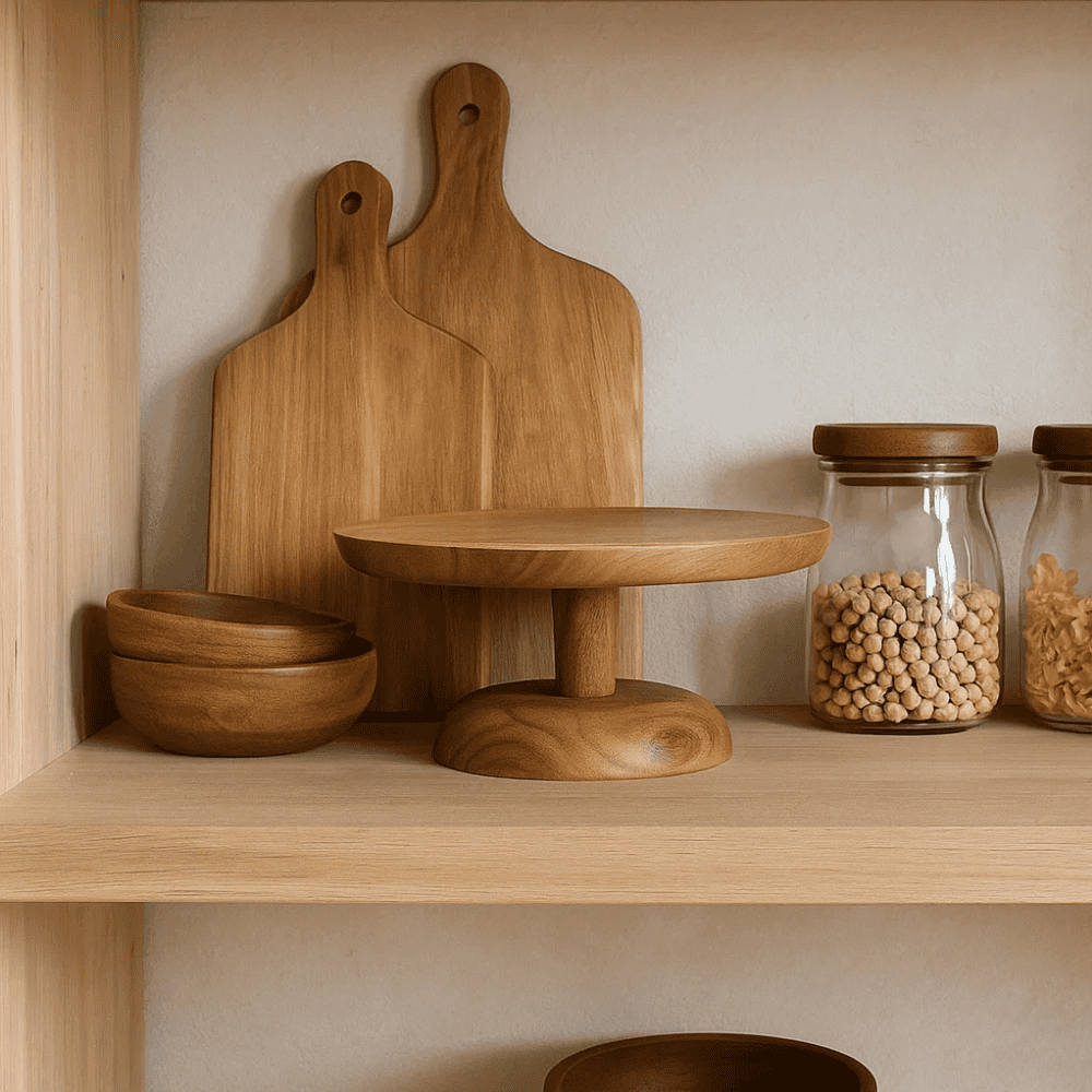 Classic mango wood stand with pastries on a dining table