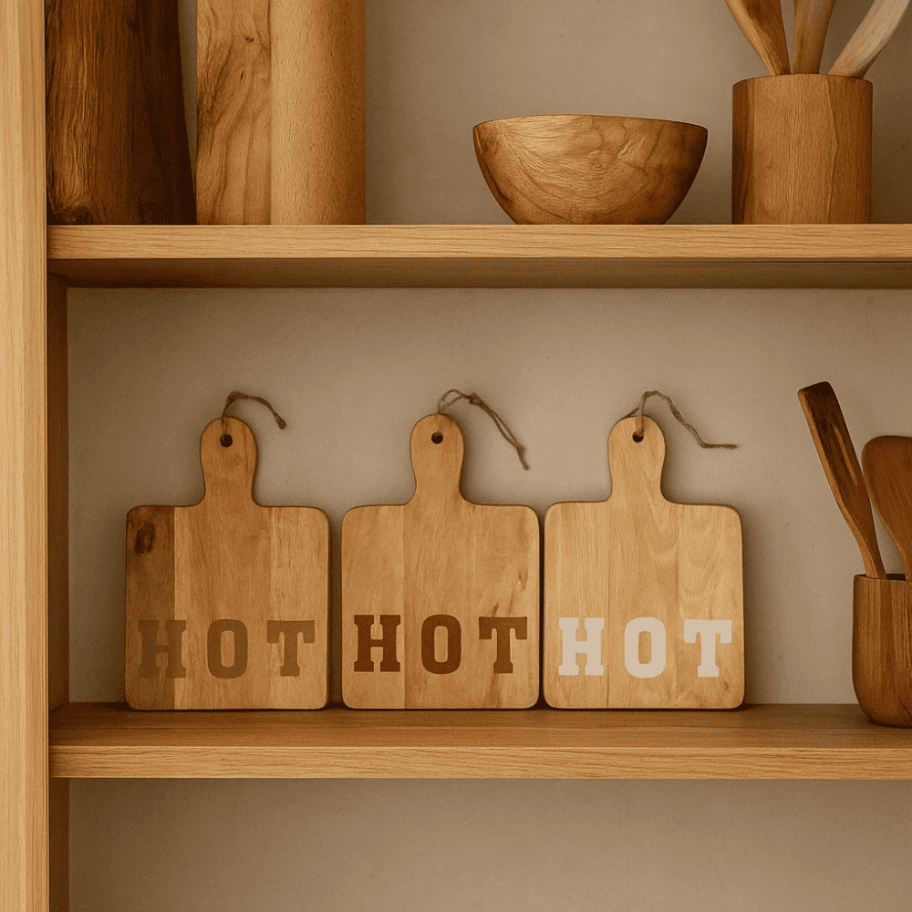Wood hot plates on kitchen bench