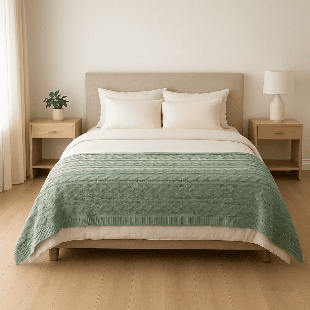 Sage green throw blanket on a sofa