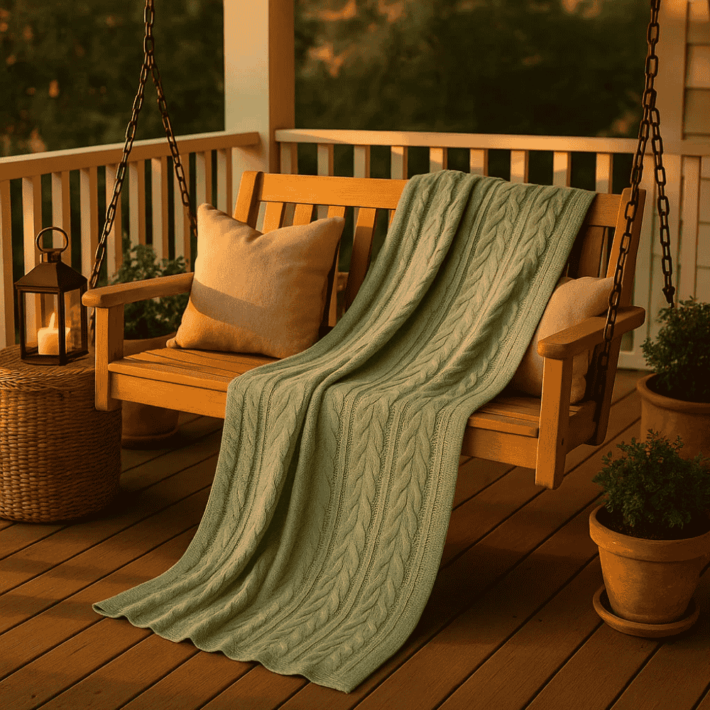 Sage green throw blanket at the foot of a bed