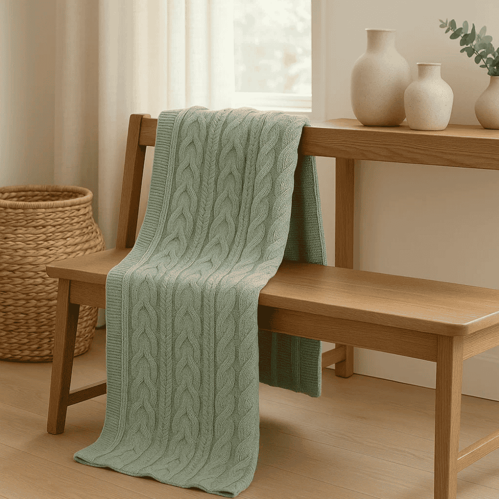 Sage green throw blanket cotton texture detail