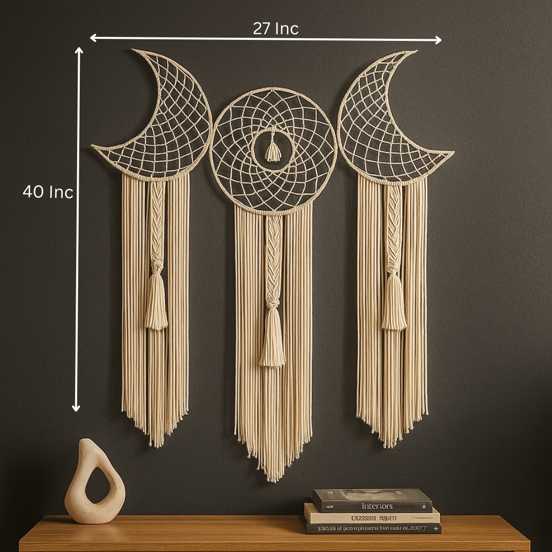Macrame moon wall hanging front view of three moon phases