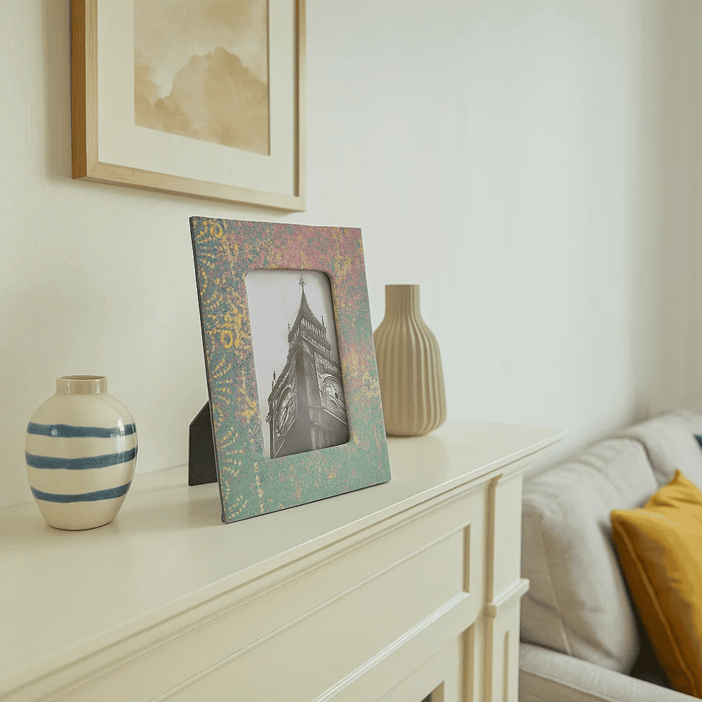 Fabric photo frame on desk