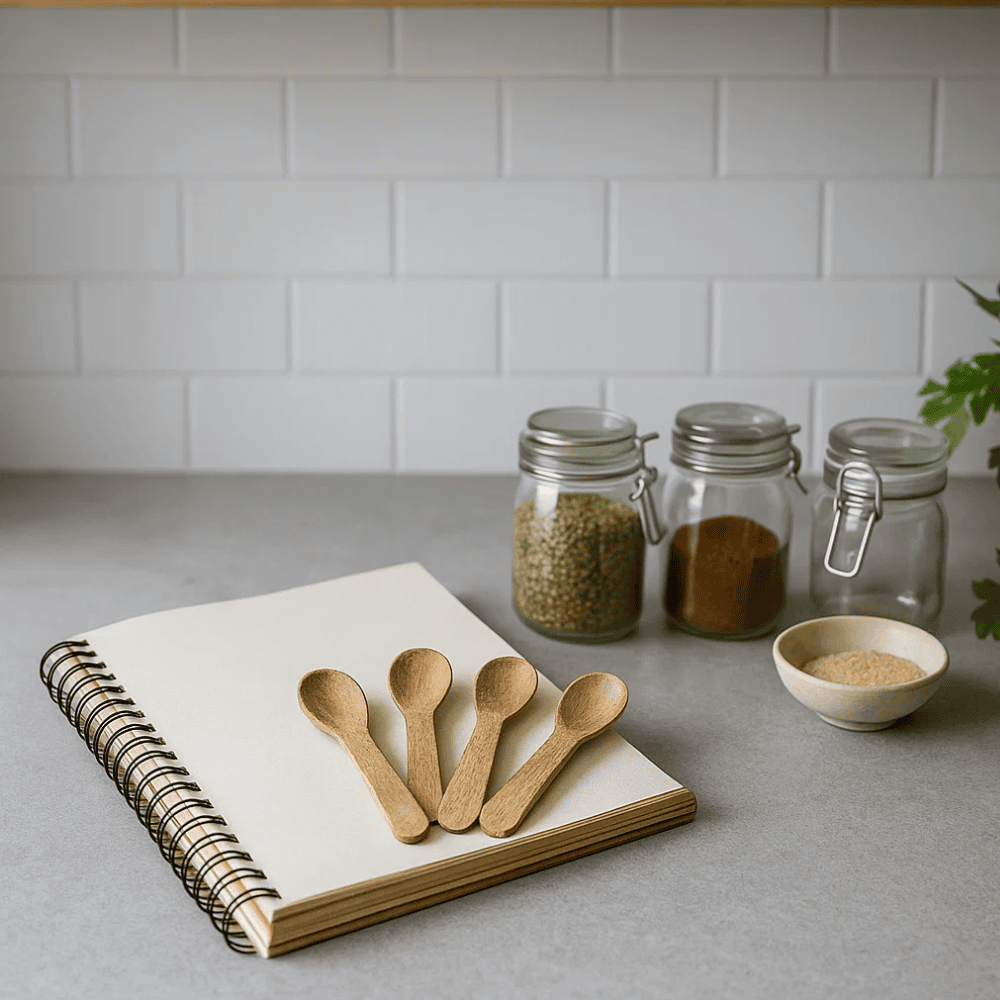 Wooden measuring spoons angled view