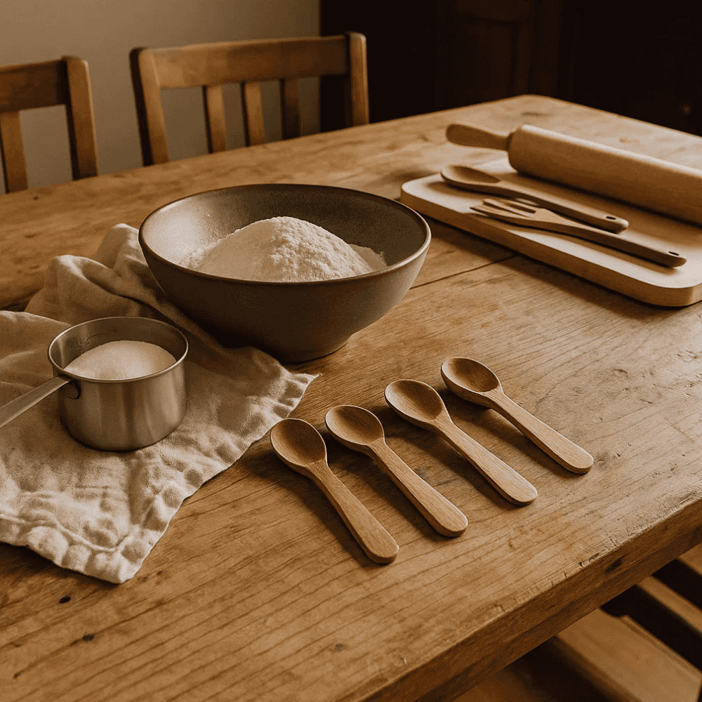 Wooden measuring spoons close-up of grain