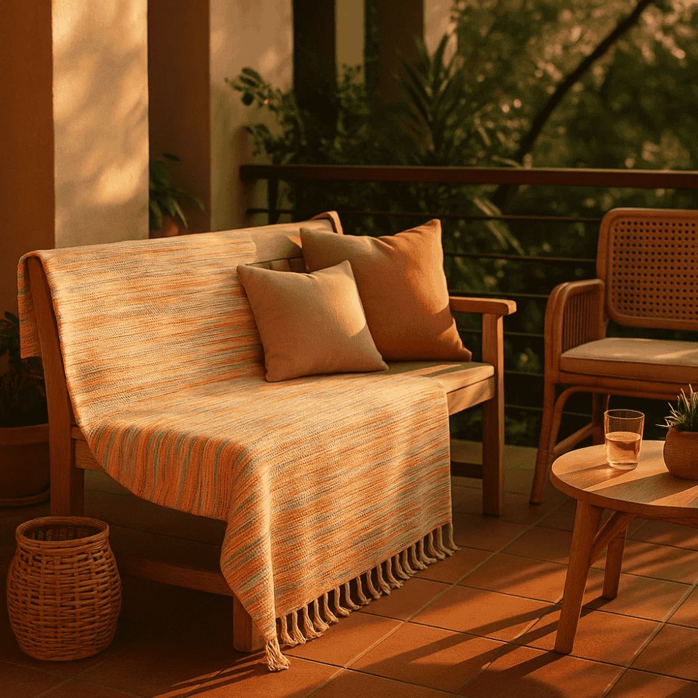 Multicolor throw blanket draped over a chair