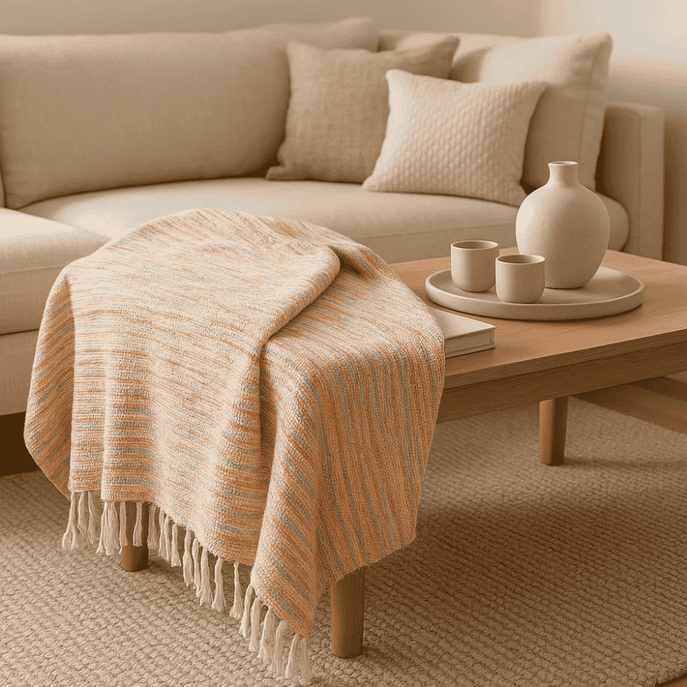 Multicolor throw blanket at the foot of a bed