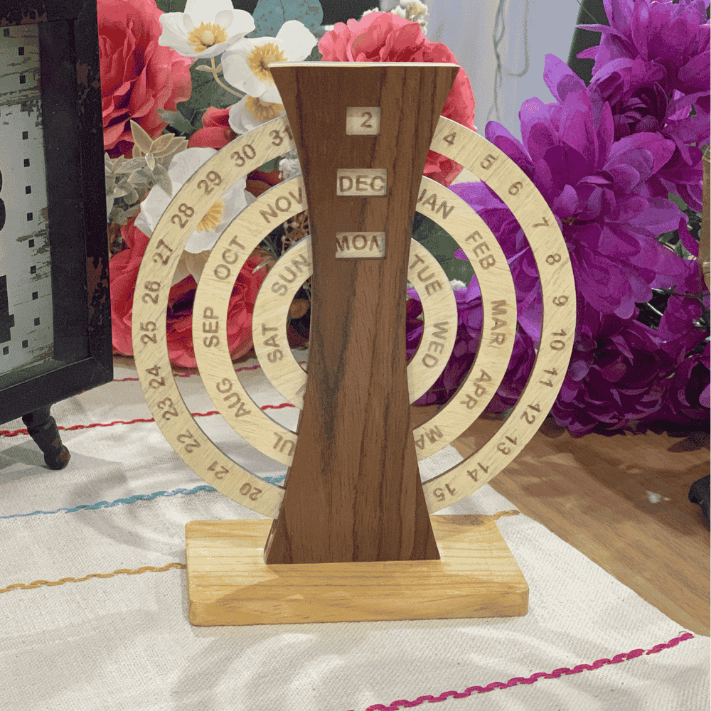 Wooden perpetual calendar with blocks moved