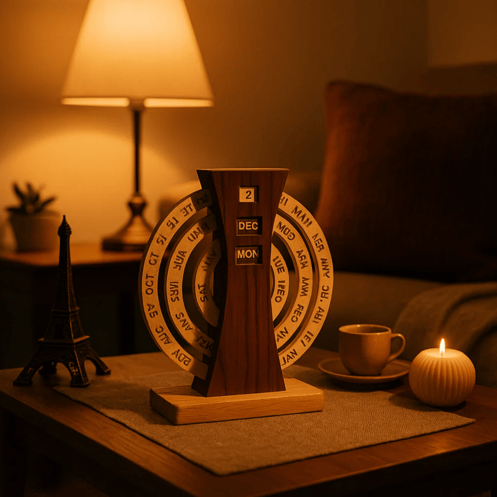 Wooden perpetual calendar top-down view