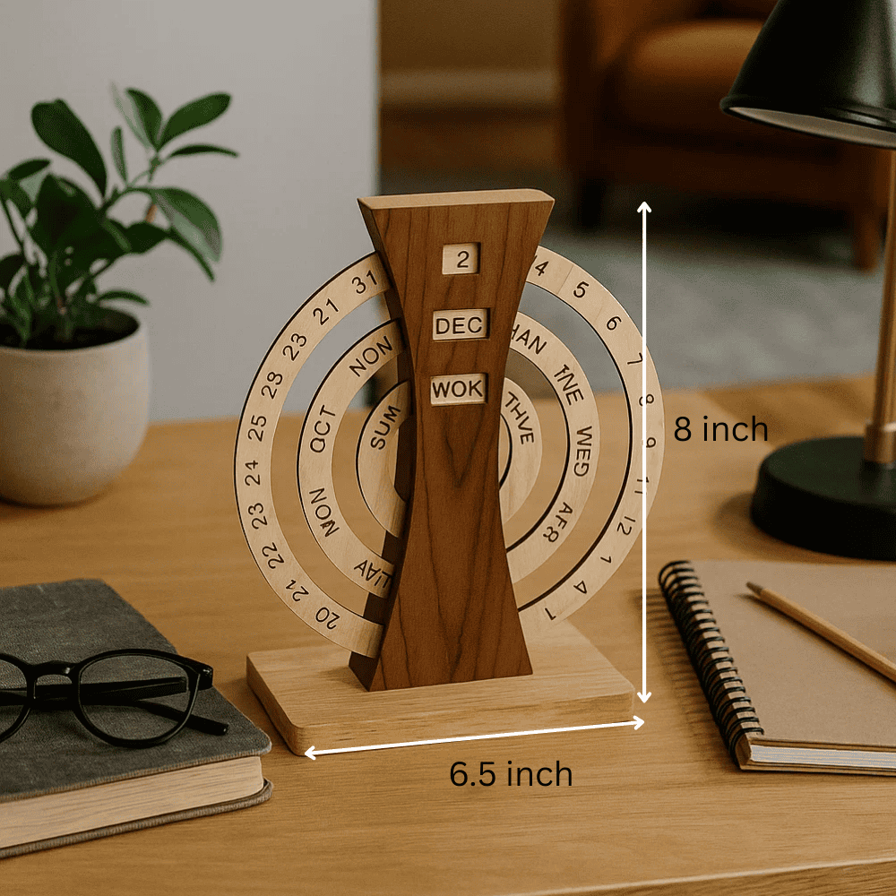 Wooden perpetual calendar side view