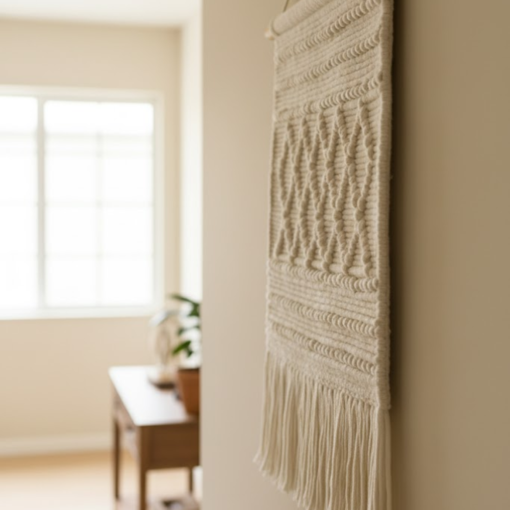 Cream wool and cotton wall hanging on a plain wall