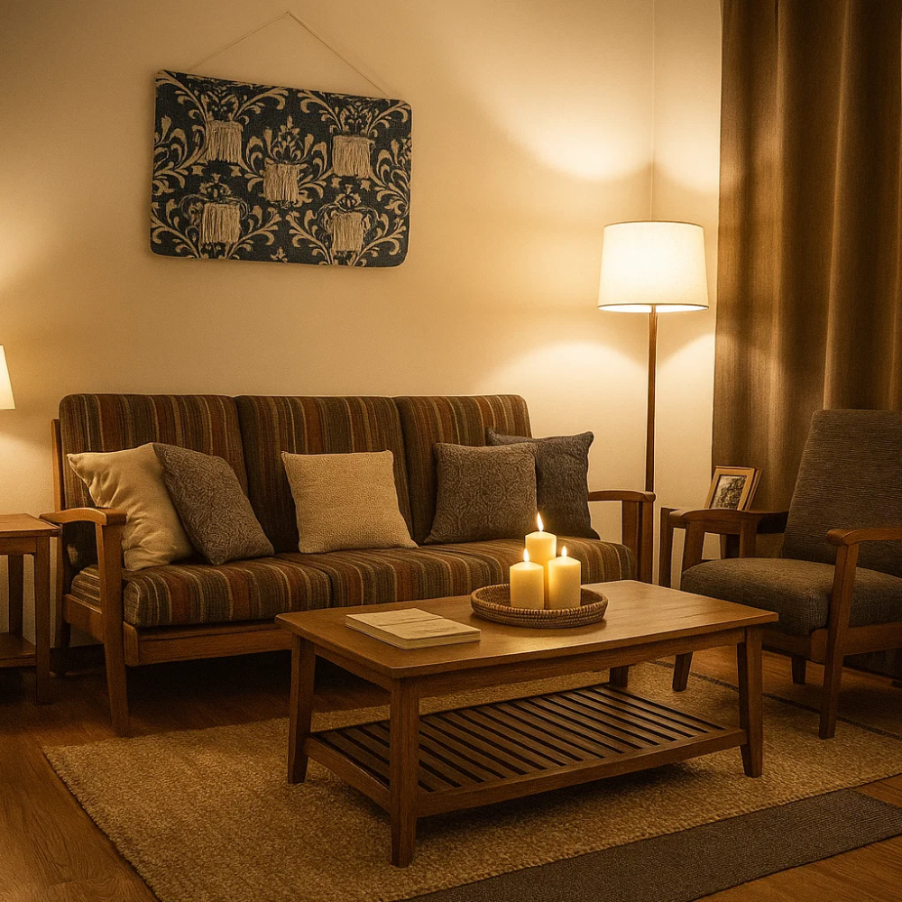 Damask patchwork wall hanging shown at an angle for depth