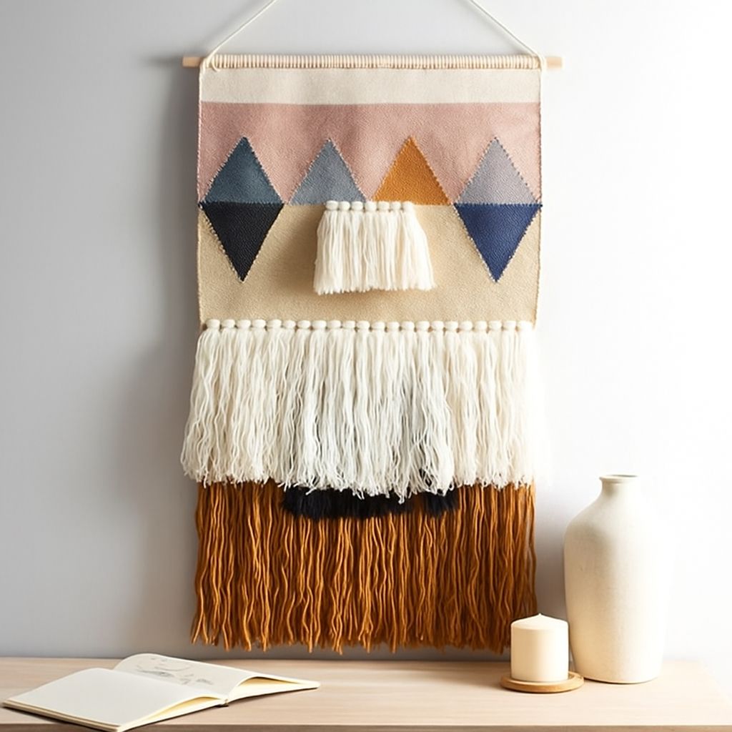 Tufted geometric wool wall hanging above a sofa