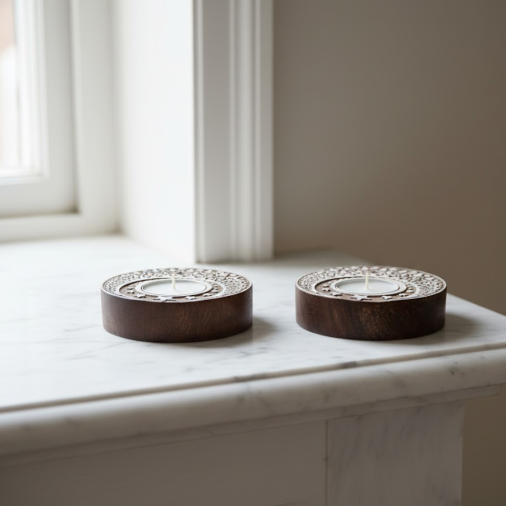Wooden crescent moon tealight holders close-up of carving