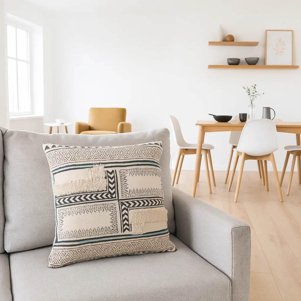 Geometric cotton cushion cover in a Scandi room