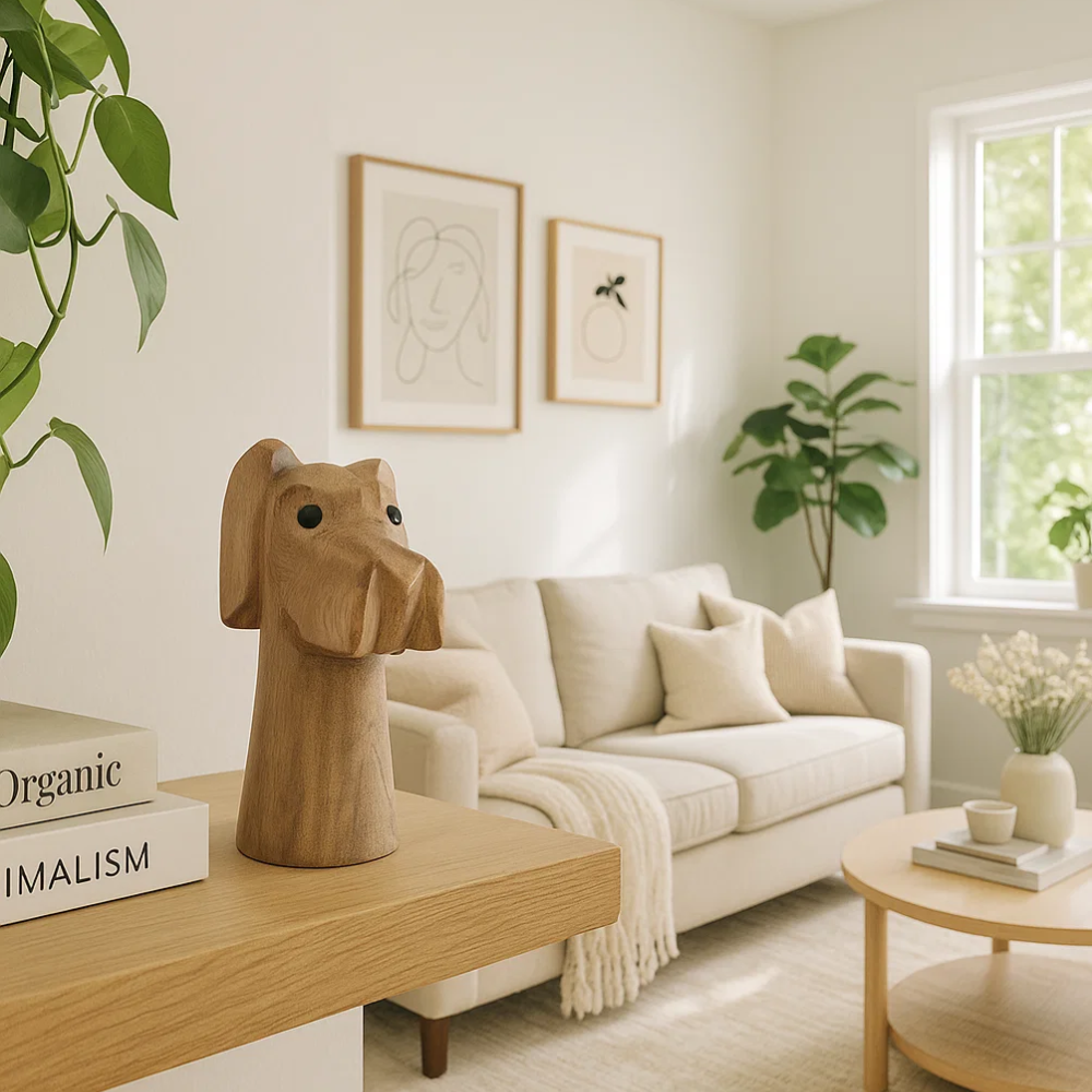 Wooden dog figurine at an angle