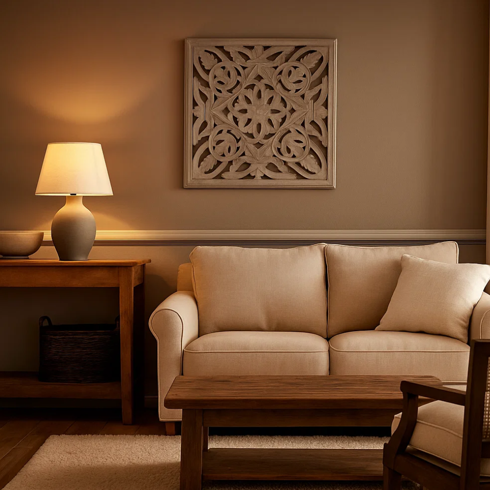 Taupe wall medallion above a console table