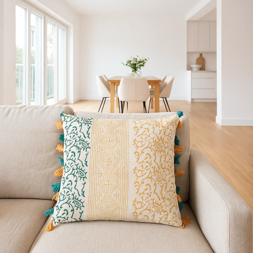 Block printed tassel cushion cover concealed zip detail