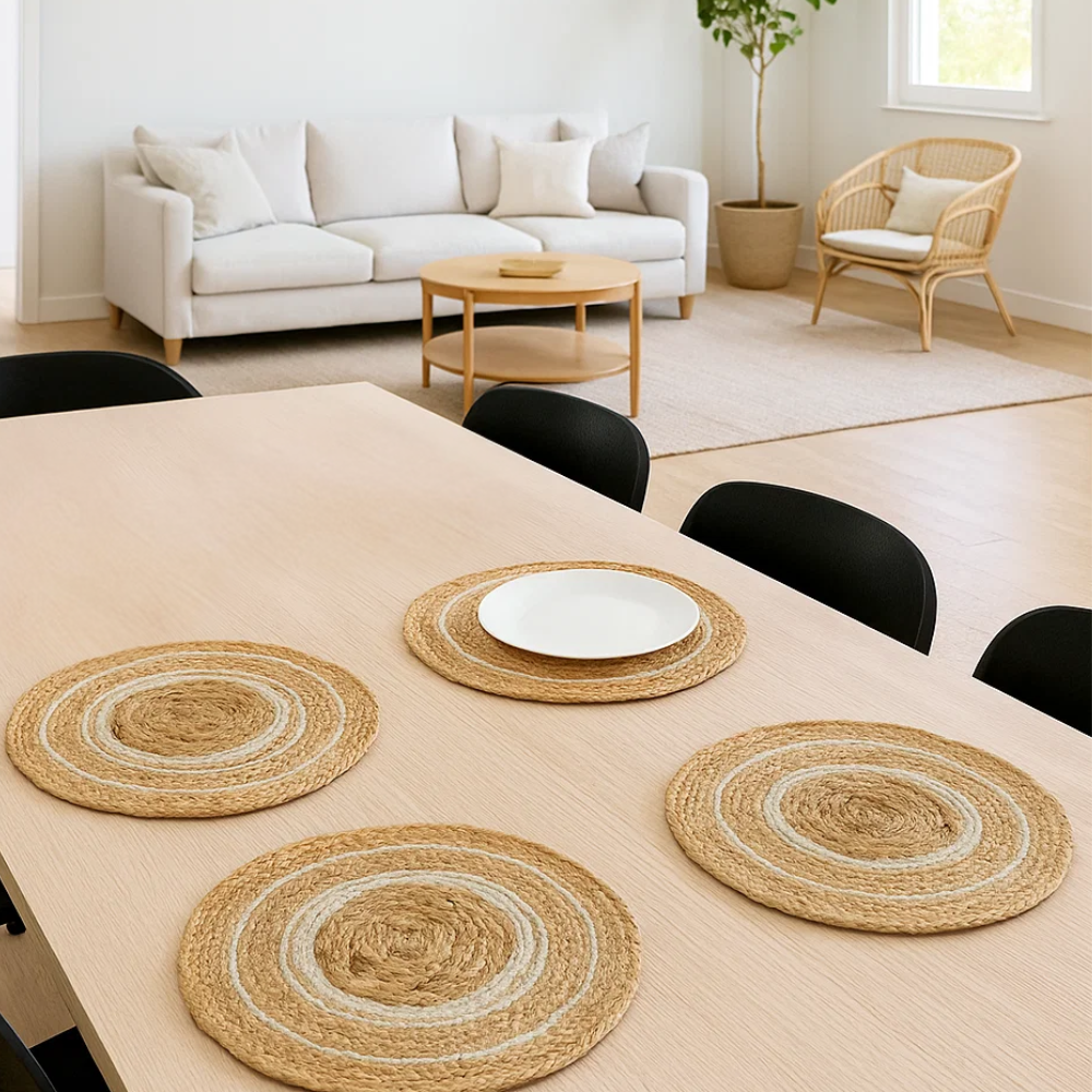 Jute placemats styled on a dining table