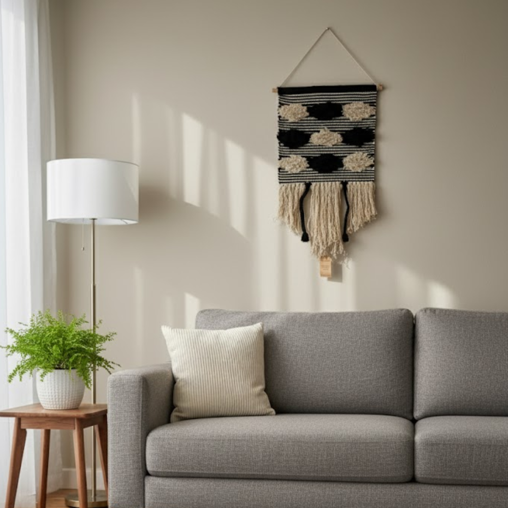 Black and cream striped cotton wall hanging shown at an angle for depth