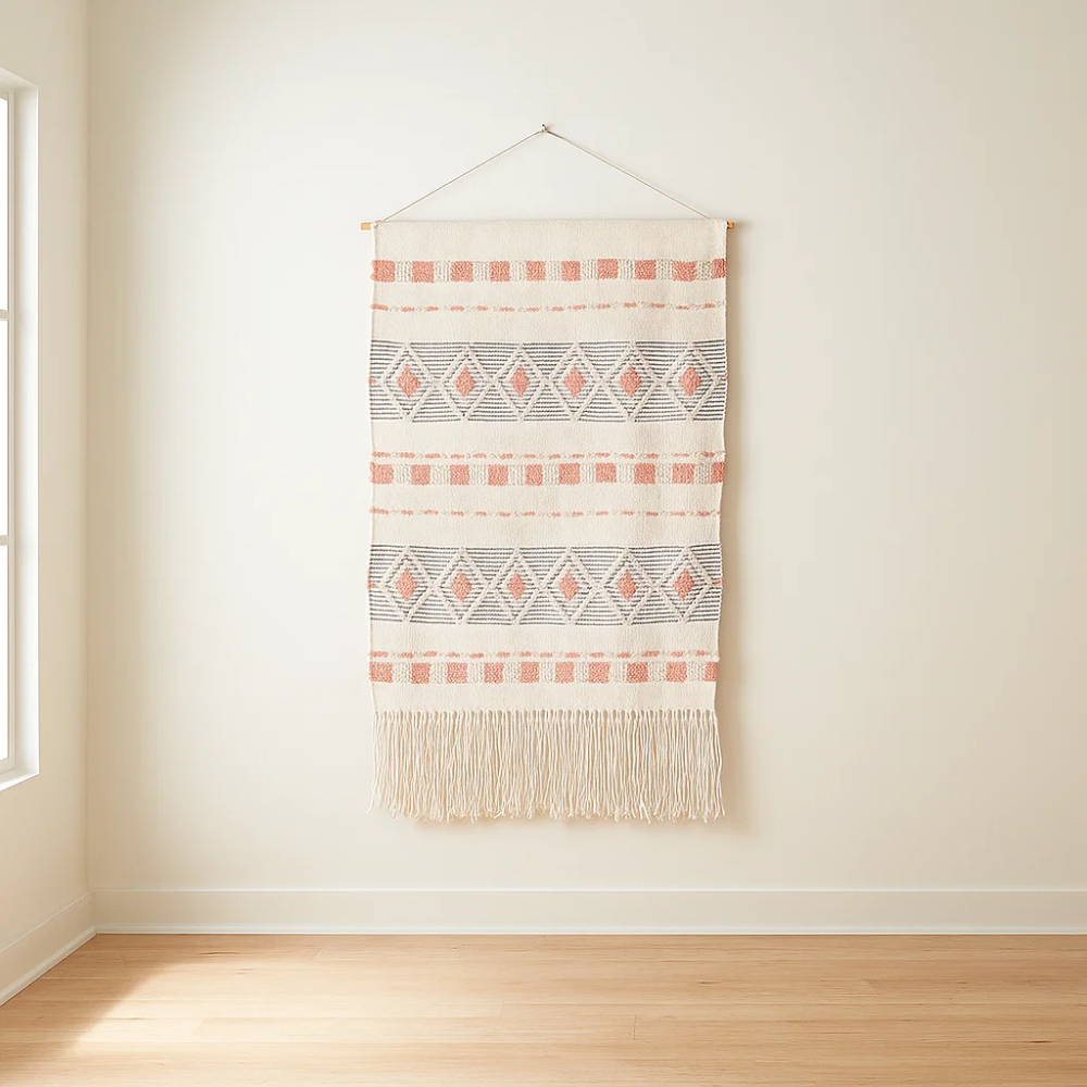 Terra wool and cotton wall hanging above a sofa