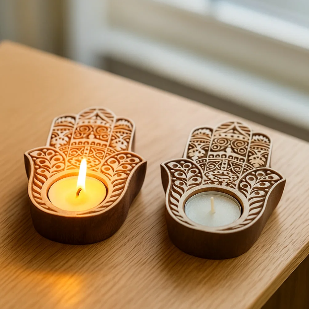 Hand carved hamsa holders with tealight candle lit