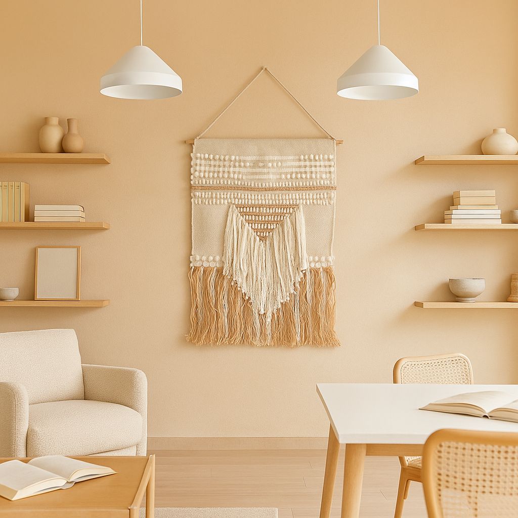 Neutral cotton fringe wall hanging shown above a sofa setting
