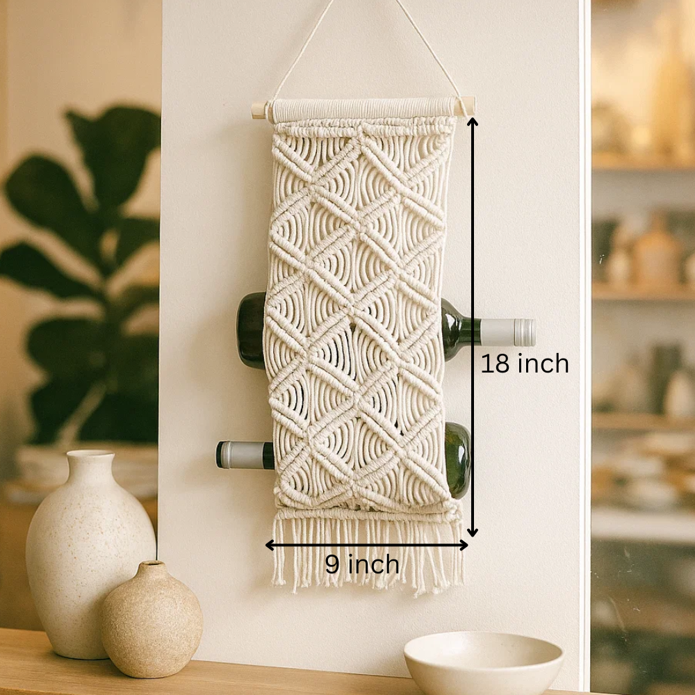 Macrame wine rack at an angle