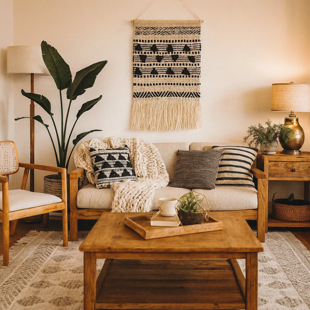 Textured wool and cotton wall hanging above a sofa