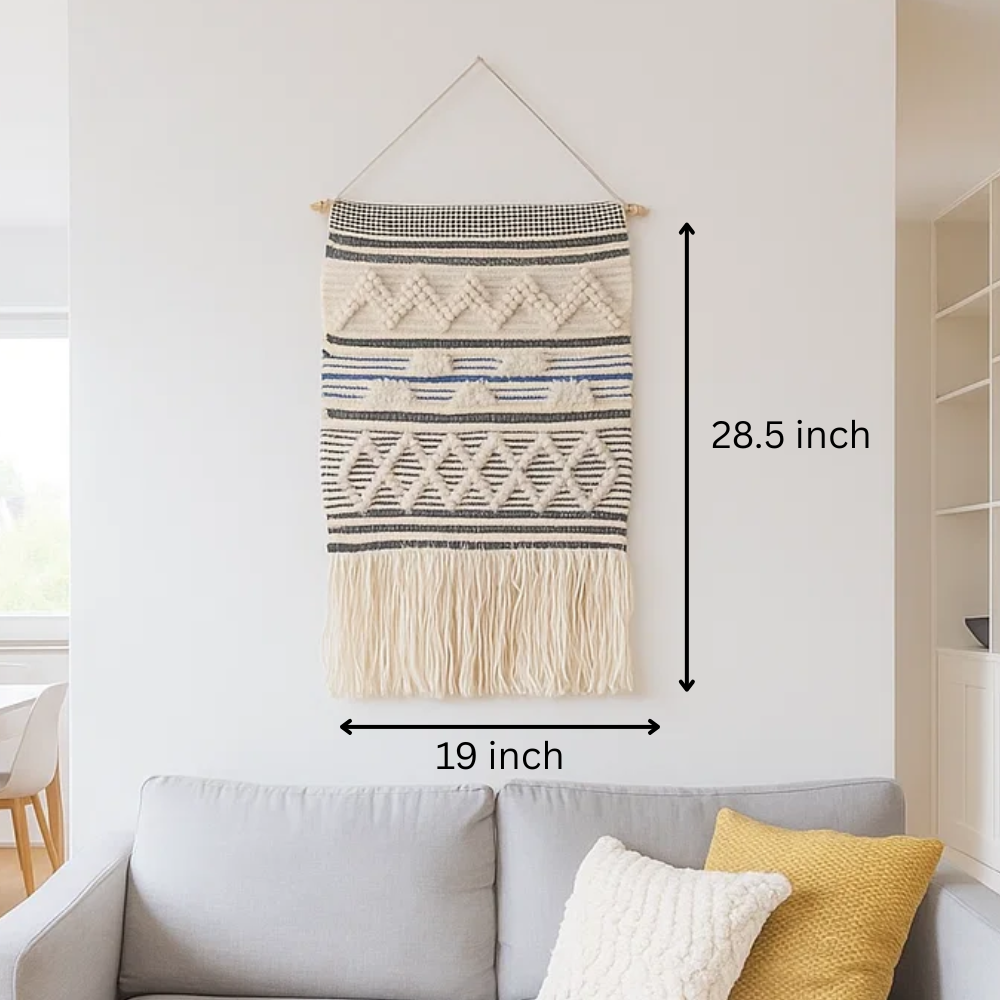 Geometric wool and cotton wall hanging in a styled room