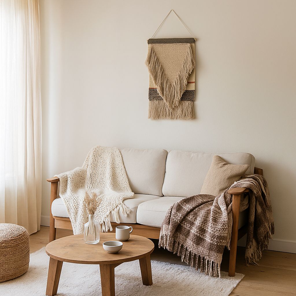 Natural wool and cotton wall hanging on a plain wall
