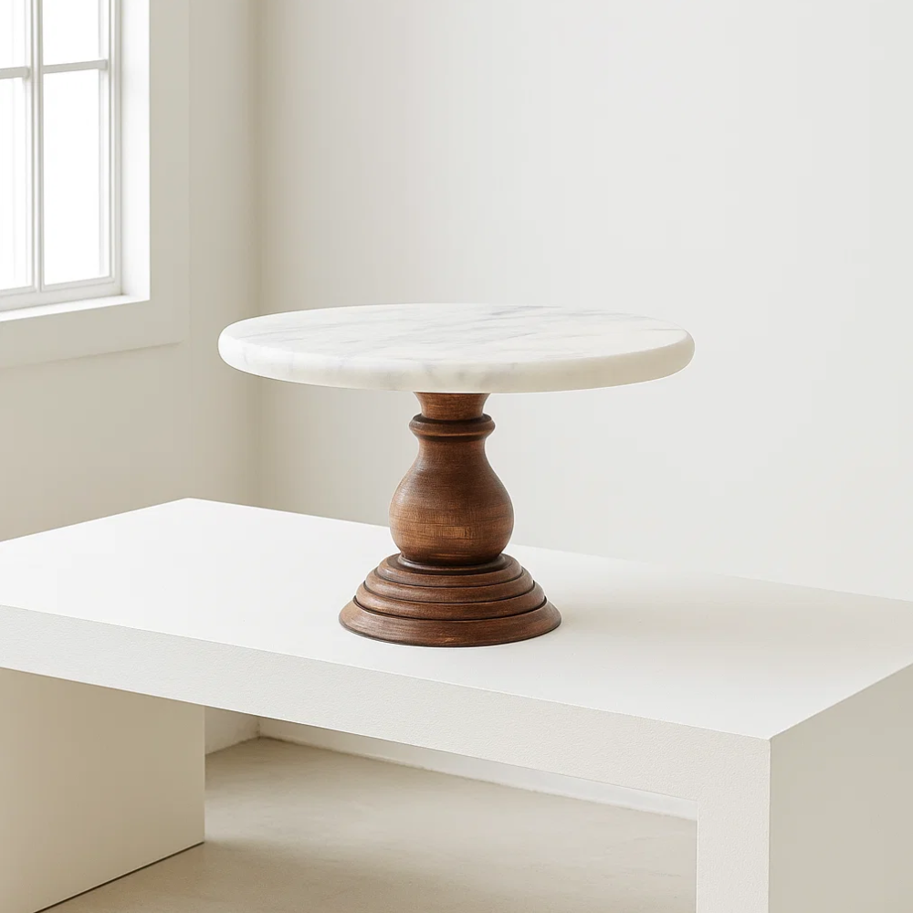 White marble cake stand top-down view showing marble surface
