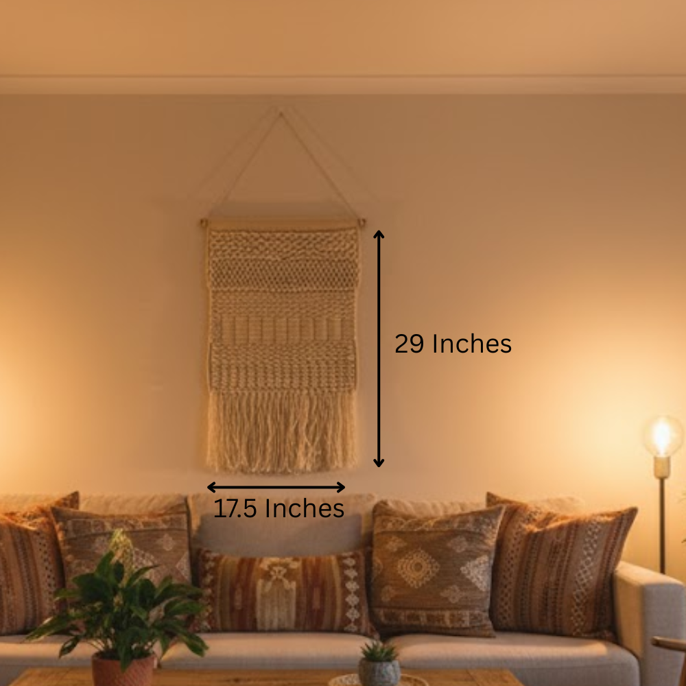 Boho wool fringe wall hanging styled in a rustic room