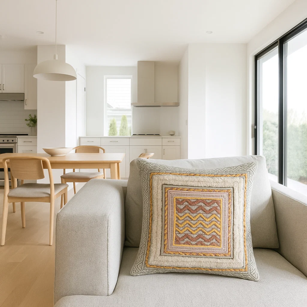 Hand block printed cushion cover concealed zip detail