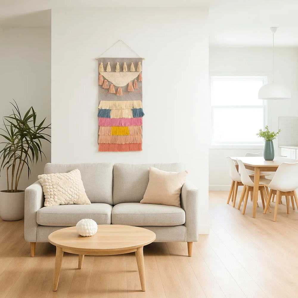 Pastel wool and cotton wall hanging as feature decor in a styled room