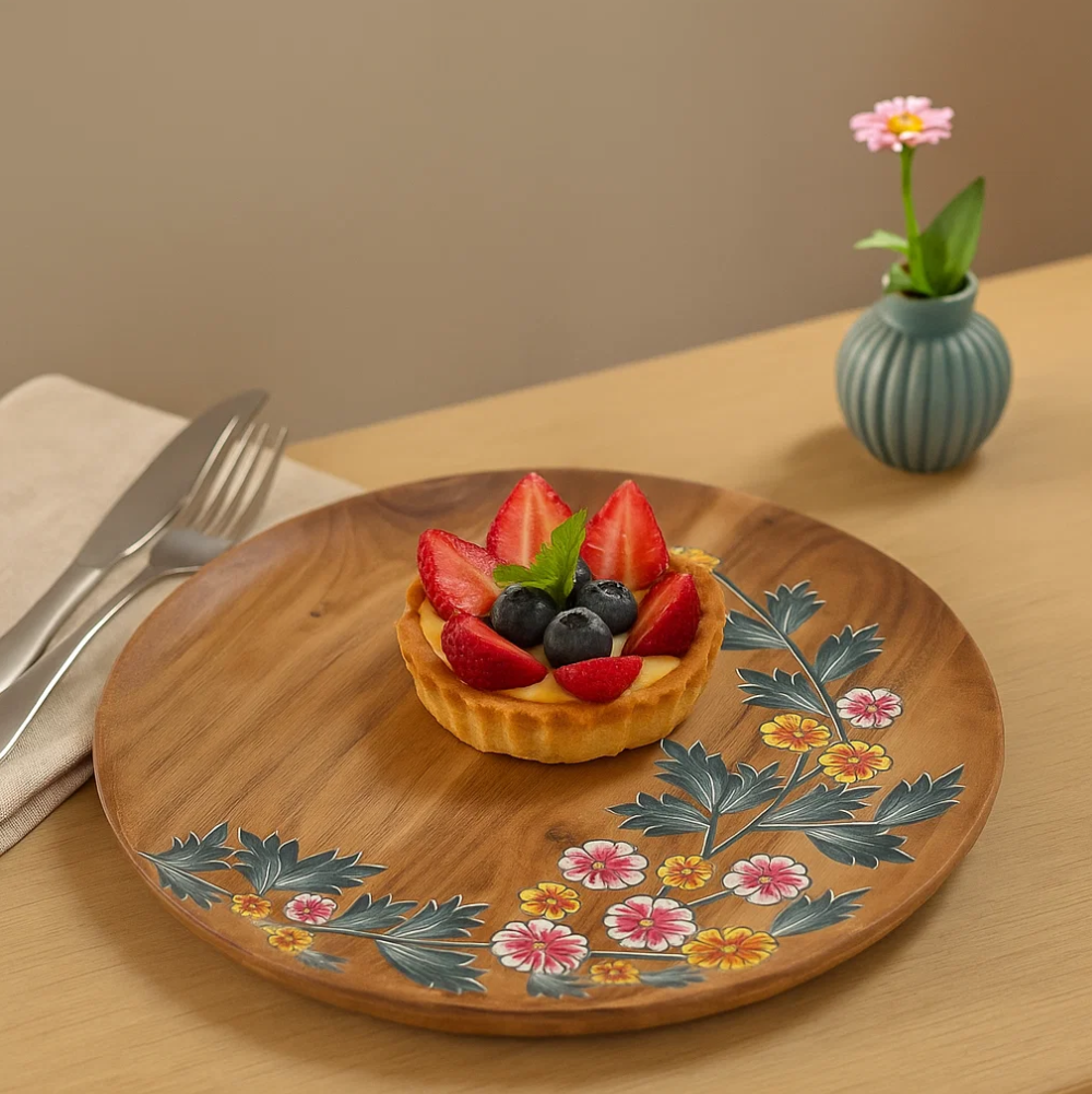 Floral acacia plate with fruit