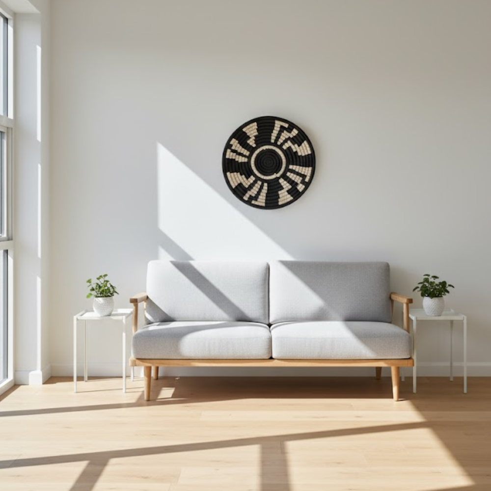 Black and white sabai grass wall plate above a console table