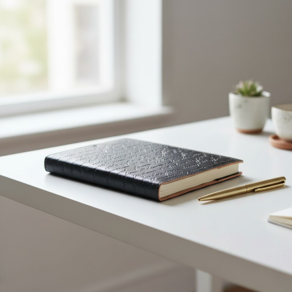 Typographic leather diary embossed type close-up