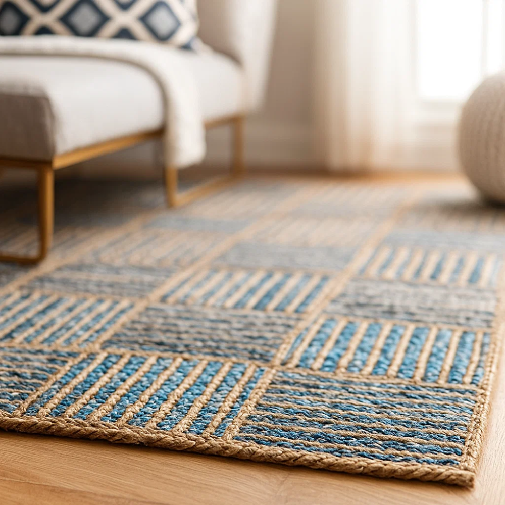 Angled view of the handwoven rug showing its pattern
