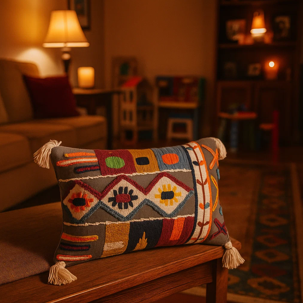 Embroidered tasseled lumbar cushion cover close-up of stitching