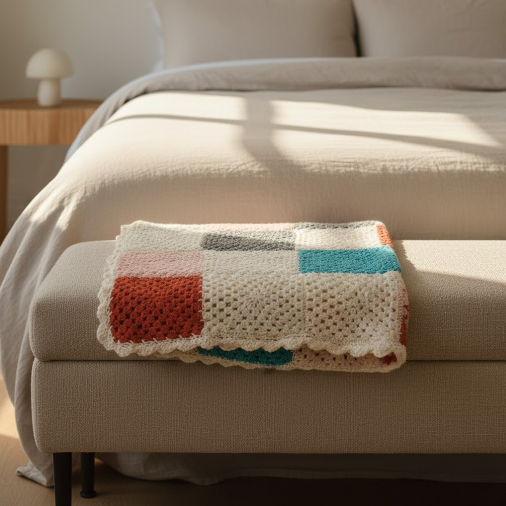 Geometric crochet throw folded detail