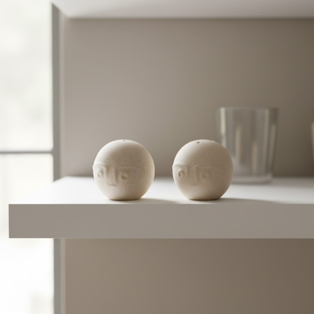 Ceramic salt pepper shakers at an angle