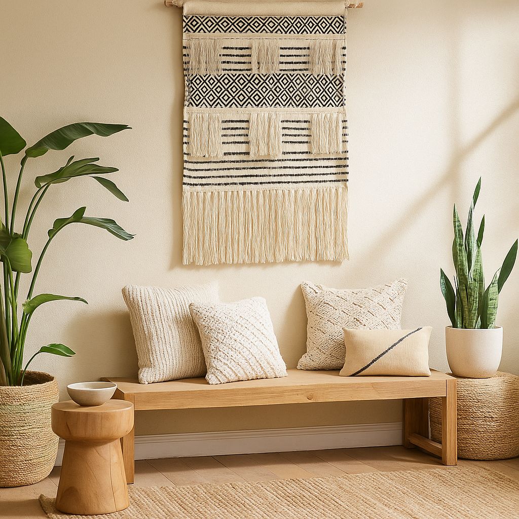 Small geometric cotton fringe wall hanging shown on a painted plaster wall
